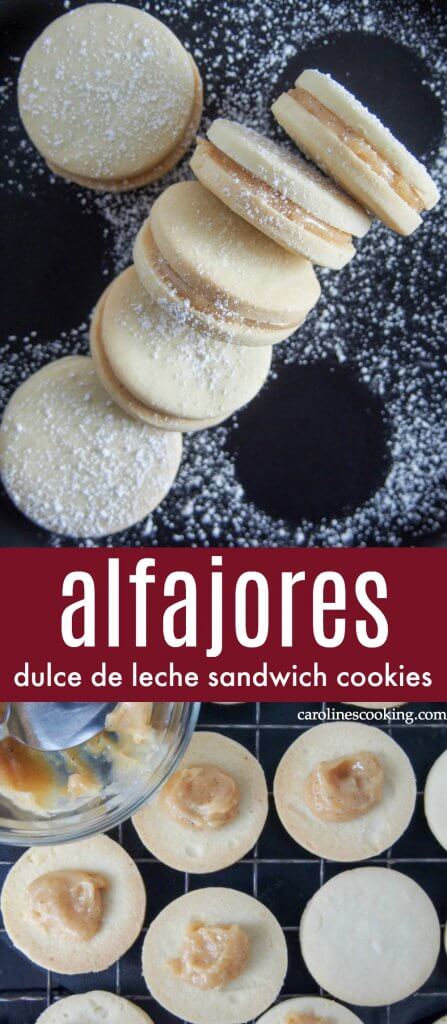 Alfajores (dulce de leche sandwich cookies) - Crumbly, tender cookies sandwiched together with dulce de leche - alfajores are the kind of cookies that almost anyone will be tempted by. Welcome to your next cookie plate must-have. These tasty treats are easy to make and great for gifting, too. #cookie #dulcedeleche