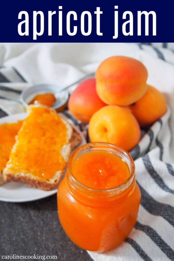 Apricot jam has such a wonderful bright color and the flavor is equally irresistible. It's smooth, almost aromatic and the perfect addition to toast and so much more. This version is lower sugar, too. #apricot #jam #homemadejam #lowsugarjam #canning