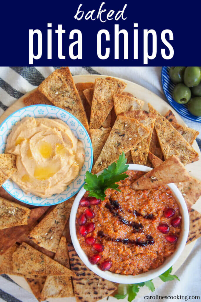 These baked pita chips are gently seasoned, have a fantastic crunch and are really quick and easy to make, too. Perfect to snack on as they are, and equally good for dipping. They'll be gone in no time!