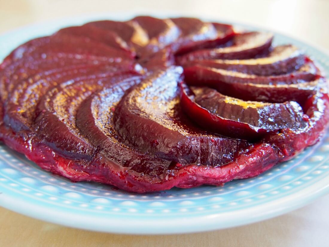 Beetroot tarte tatin viewed from side