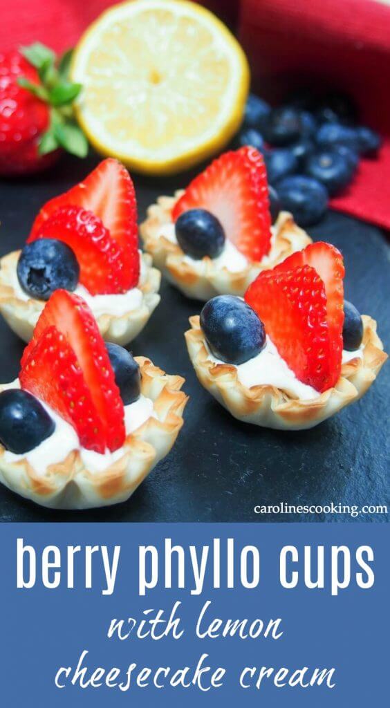 These berry phyllo cups with lemon cheesecake cream take only a few minutes to prepare but are an elegant & delicious mini dessert, perfect for entertaining. And red, white and blue too! #redwhiteandblue #easydessert #fingerfood