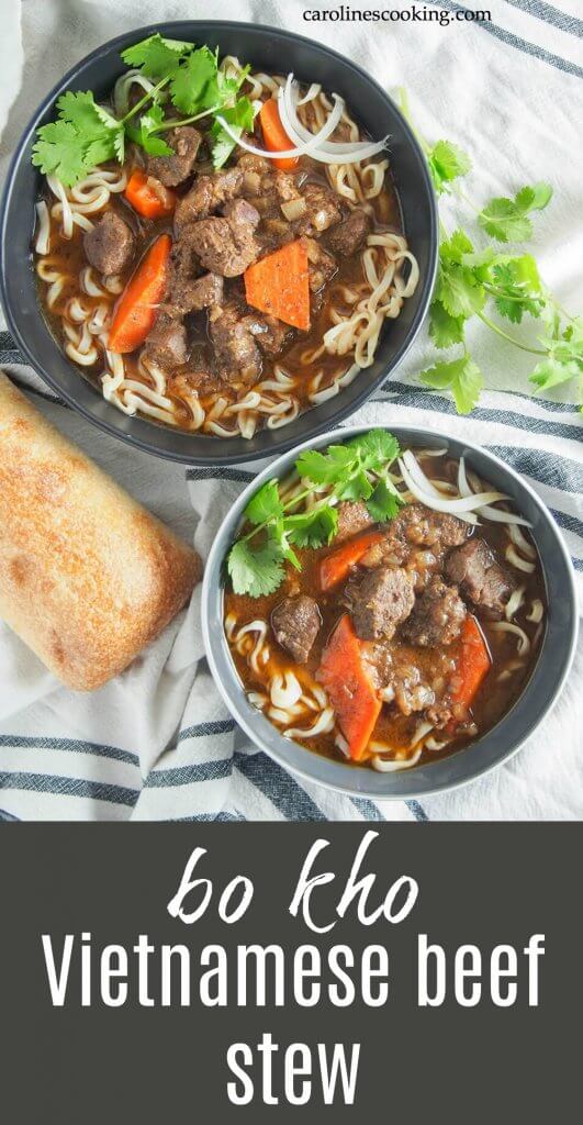 Bo kho may not be as well known as pho, but it's a classic dish you need to get to know. This Vietnamese beef stew has a wonderful depth of flavor from aromatic spices, lemongrass, ginger and coconut water. It's warming, delicious and easy to make too. #vietnamesefood #beefstew #vietnamesestew