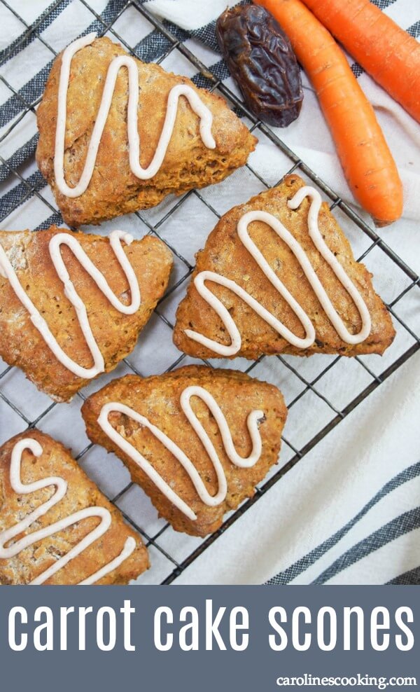 These carrot cake scones have a lovely gentle spice, with a lightly spiced buttercream frosting, and are moist and delicious. Plus they're secretly healthy! #carrotcake #scones #healthierbaking #baking