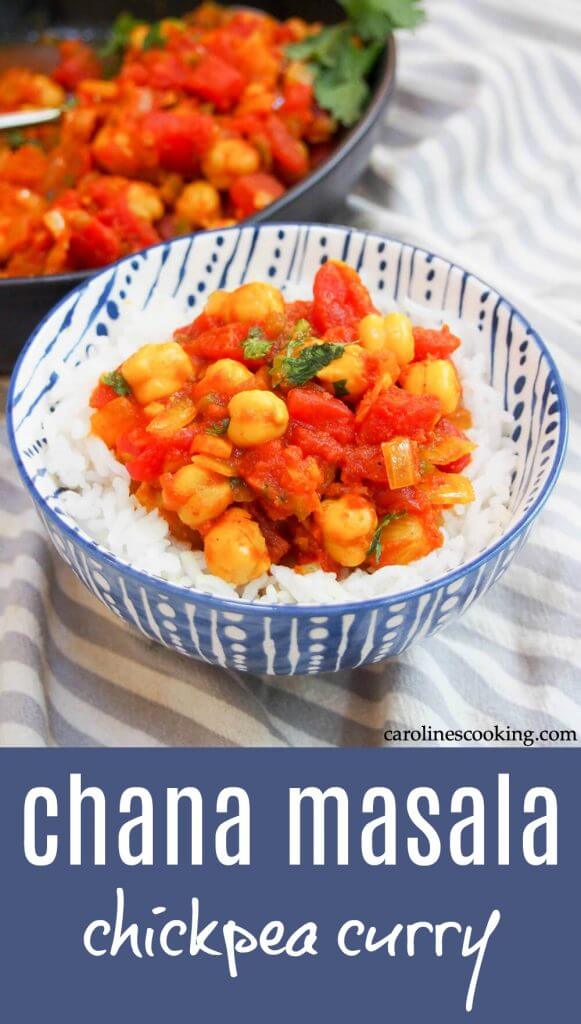 Chana masala is a quick, easy and delicious vegetarian curry that's perfect for any night. Serve it simply with rice, bread, or alongside other dishes for an Indian feast. It's also great to make ahead, too. #chickpeas #curry #vegetarian #vegan #indianfood #ad