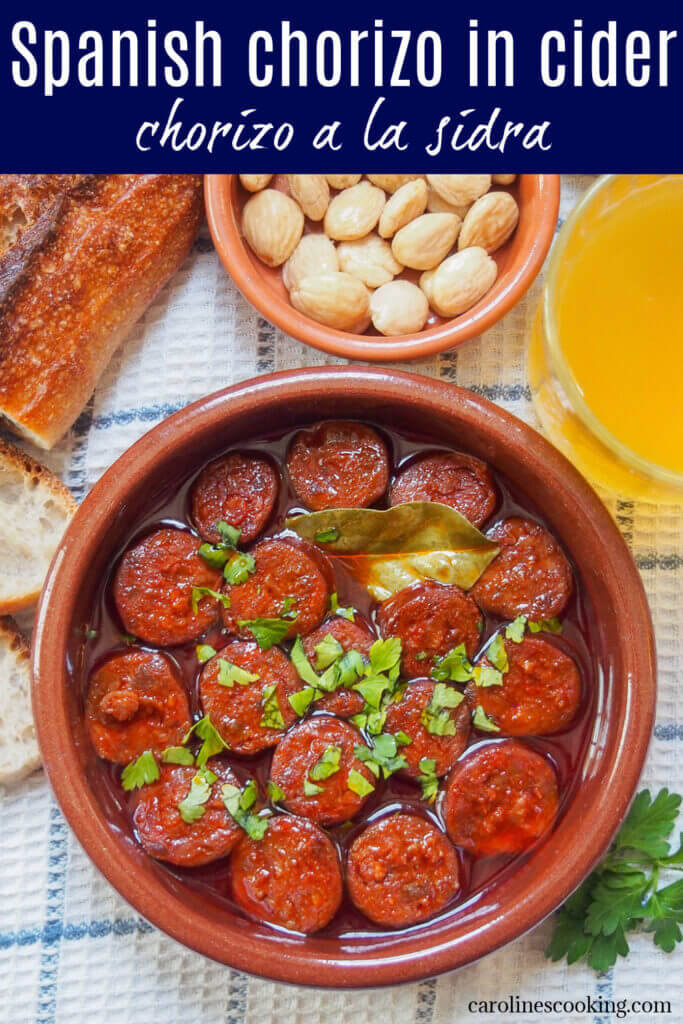 Chorizo a la sidra is one of the simplest Spanish tapas as you simply cook slices of chorizo in cider. The meat takes in and gives out flavor to give juicy meat with a meaty, syrupy sauce just begging for you to dip some bread in it. Perfect for snacking on.