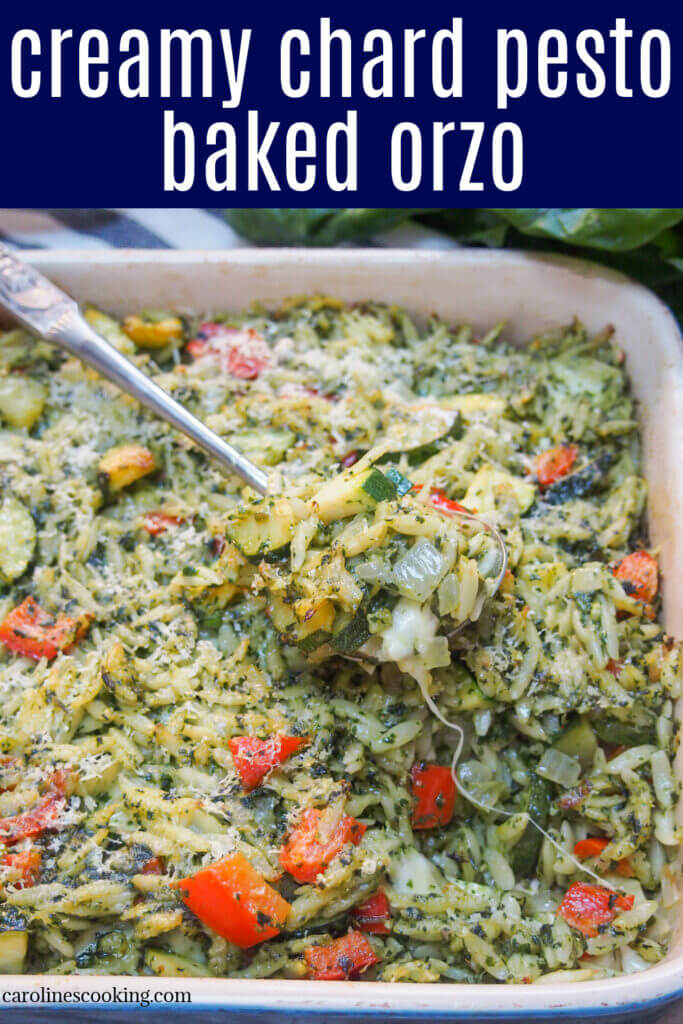 This creamy chard pesto baked orzo has all the comfort factor you would want in colder weather with that bit of freshness, too. It has plenty of gooey cheese, but lots of healthy veg as well. Perfect for any occasion.