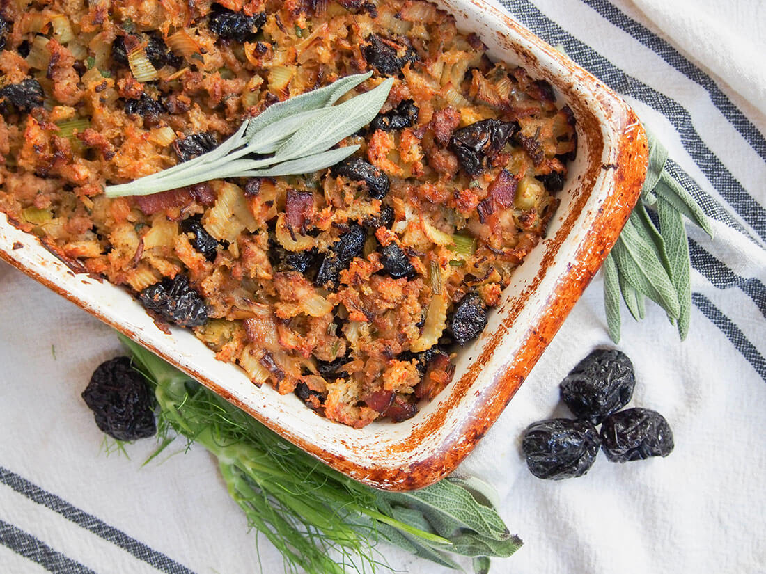 fennel, prune and pork stuffing from overhead showing part of dish