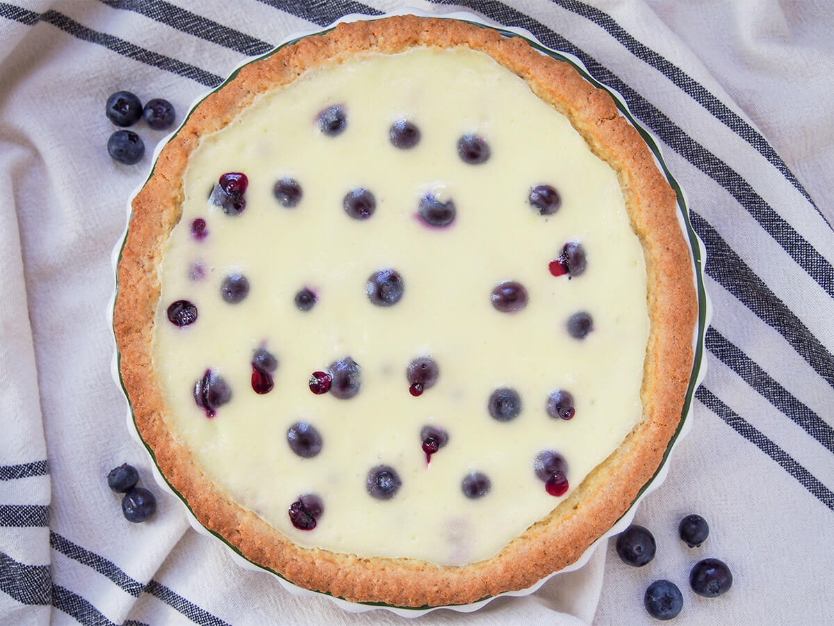 overhead view of Finnish blueberry pie, Mustikkapiirakka