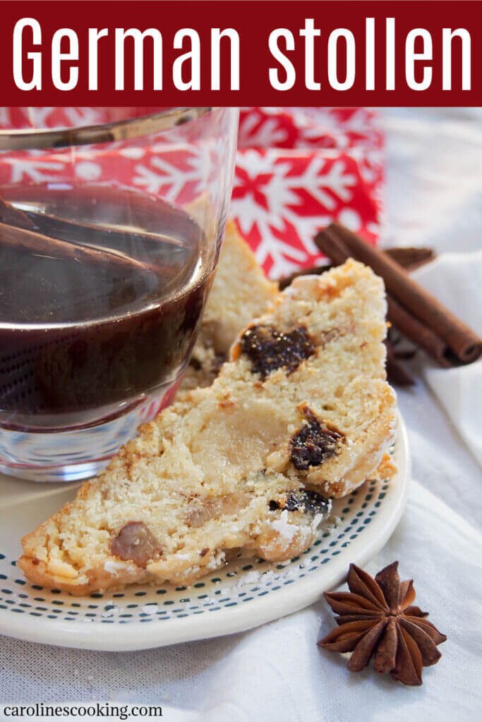 Stollen is Germany's Christmas cake - this version made with prunes, lemon zest & cardamon. Wonderfully aromatic, moist & delicious, and easy to make too.