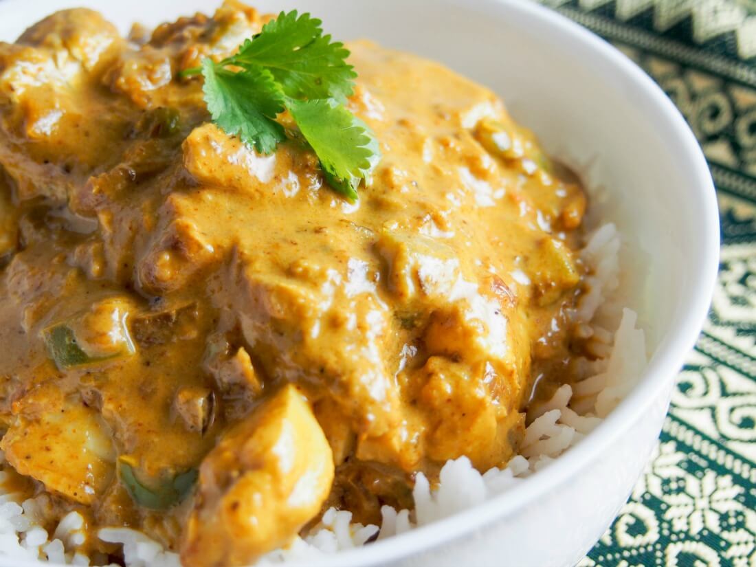 close up view of Goan fish curry in bowl