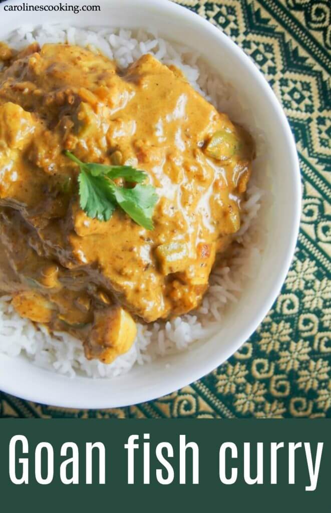 This Goan fish curry consistently gets rave reviews! It's really easy to make, packed with flavor & spice, and ready in less than 30 minutes, even making from scratch. A delicious dish that's way better than take out. #fish #curry #indianfood