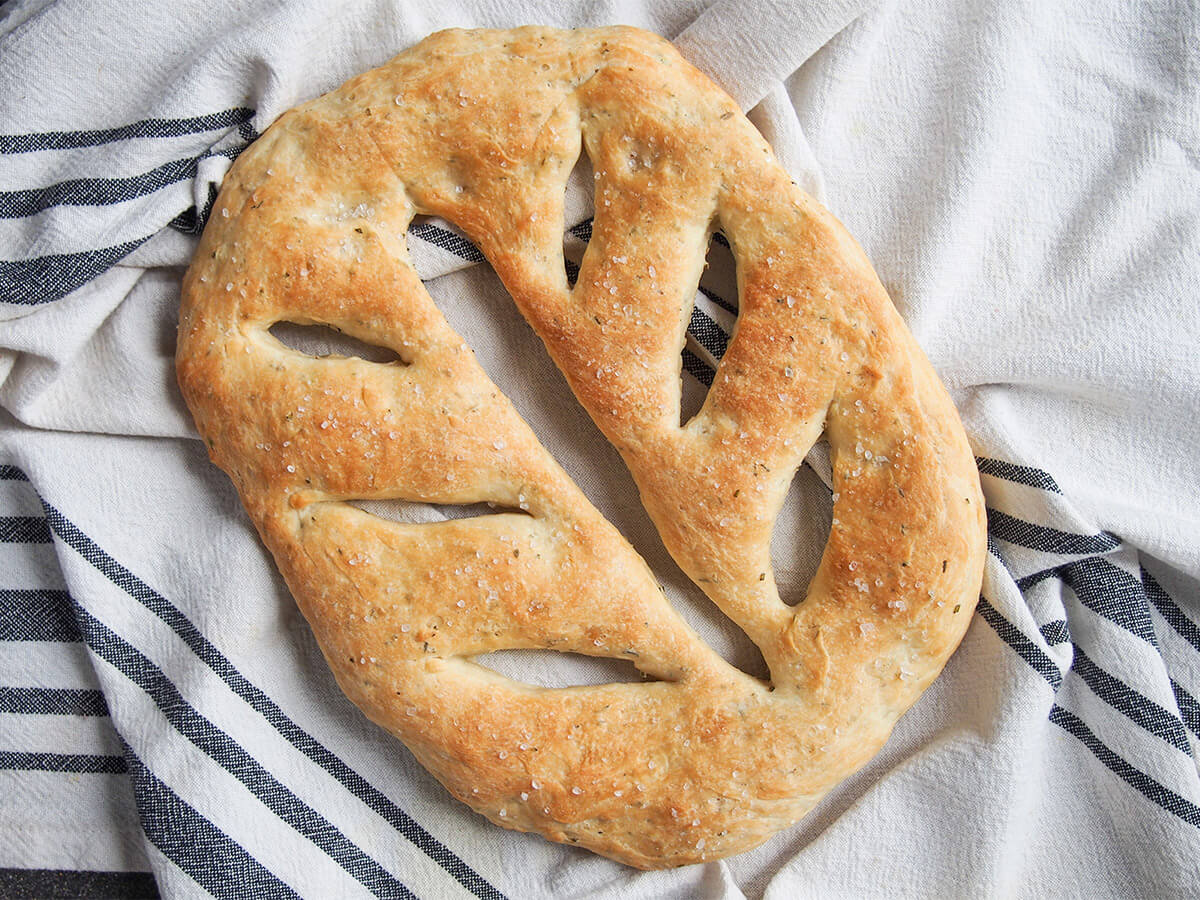 whole herb fougasse on towel