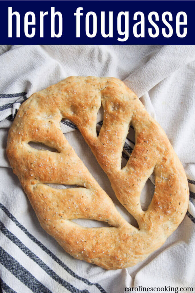 Fougasse is the French cousin of focaccia and you can see the French flair in this pretty and flavorful herb loaf. This herb fougasse comes together more easily than you might think and the result is a delicious aromatic bread.