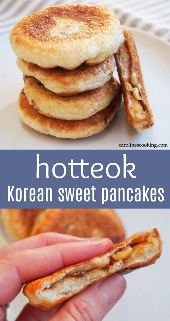 Hotteok are Korean sweet pancakes made with a yeasted dough and sweet nut filling. They're a classic street food, especially in winter, and make a delicious anytime treat.