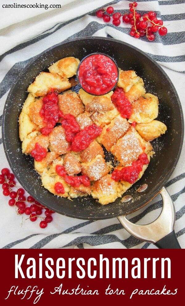 Kaiserschmarrn is a traditional torn-up pancake from Austria. Thick, fluffy, comforting chunks are dusted with sugar and served with fruit compote (which is easy to make too!). Perfect for dessert, brunch or whenever you find an excuse. #Austrianfood #pancake #brunch #dessert