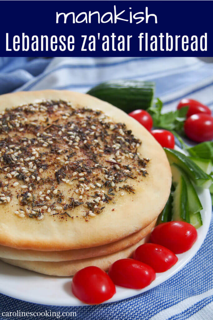 Manakish za'atar are delicious flatbread from the Levantine region topped with olive oil and za'atar. The oil and herbs add lots of aromatic flavor, making this bread perfect to snack on. #flatbread #zaatar #middleeasternbread #lebanesefood