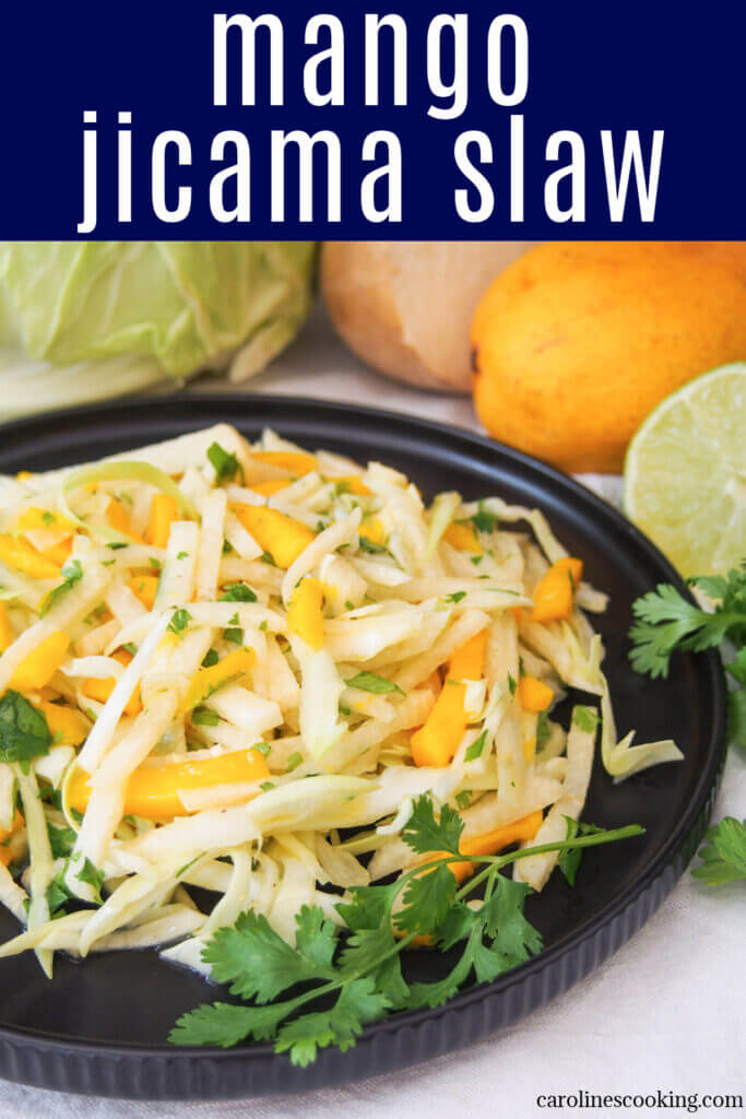 This mango jicama slaw is really quick and easy to make. It doesn't have many ingredients, but the fantastic fresh flavors are so tasty. Try it on top of tacos or as a side salad.