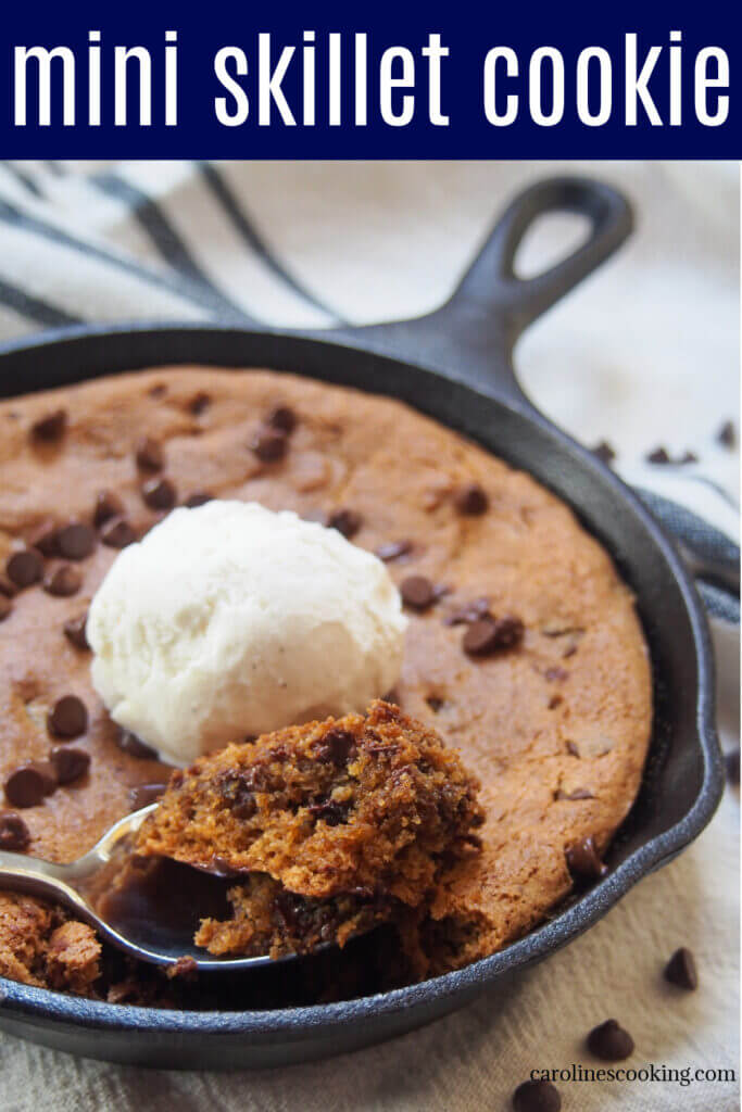 This mini skillet cookie is a so easy to make and a delicious mix of sweet, soft cookie studded with melty little bites of chocolate. It's gluten free, but you'd hardly notice with it's great texture and flavor. The perfect size for two to share, straight from the skillet, too. So tasty!