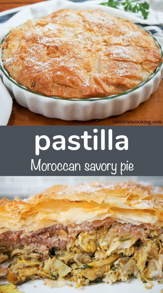 Pastilla is a classic Moroccan pie and what a pie it is - packed with aromatically spiced meat, crisp pastry and a touch of sweet. And with my tweaks, it's a great use of leftovers, too. #moroccanfood #leftovers #chicken #turkey #thanksgiving #christmas