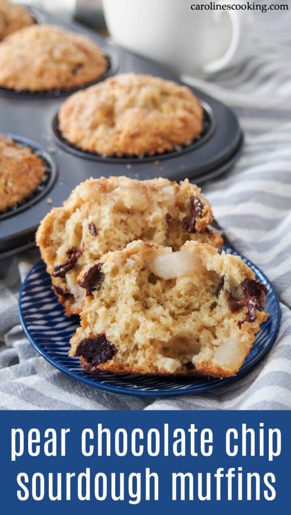 These pear chocolate chip sourdough muffins combine a delicious combination of flavors. The soft fruit, chocolate, sweetness and a little tang from sourdough all work so well together. And they're easy to make, too.⁠ ⁠ #pear #muffins #sourdough #sourdoughdiscard