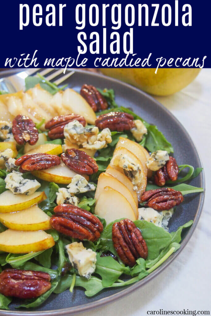 This pear gorgonzola salad is so easy to make and has a great mix of flavors. Plus don't skip the maple candied pecans that add a delicious crunch and sweetness. Great as a side, a light appetizer, or enjoy a bigger serving as a lunch.