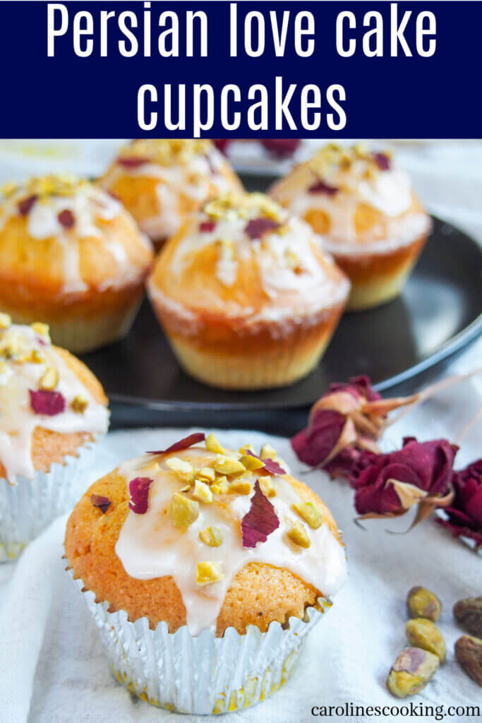 These Persian love cake cupcakes are the perfect way to enjoy the wonderful flavors in individual servings. Flavored with the classic Persian flavors of cardamom, rosewater and lemon, they are light, aromatic and delicious. #persianfood #cardamom #cake #cupcakes