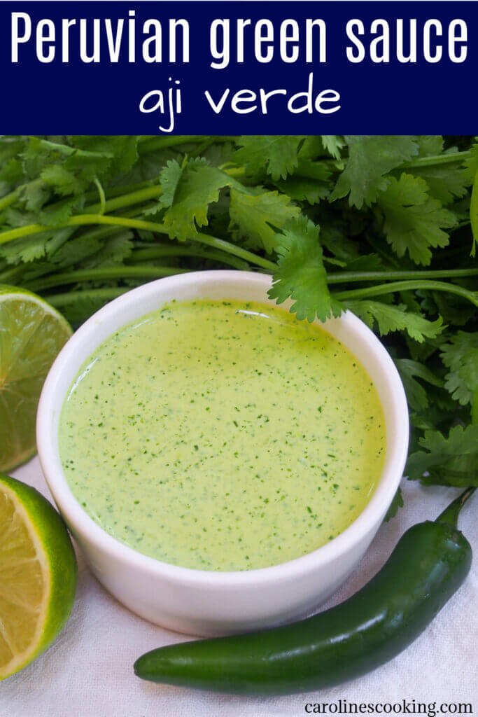 Aji verde, often called Peruvian green sauce elsewhere, is wonderfully easy and flavorful. It gets it's color from cilantro and has a little kick from aji amarillo, a popular Peruvian chili. So good. #chili #peruvianfood #peruviansauce