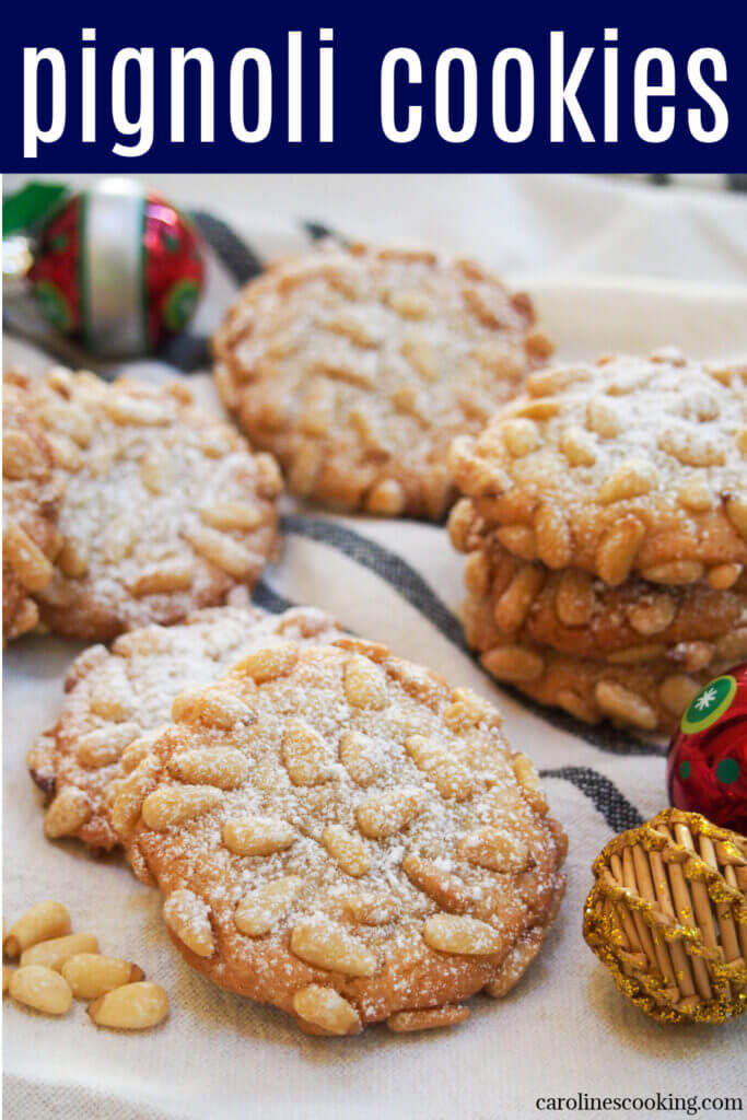 Pignoli are Italian pine nut cookies, with a sweet, chewy almond cookie base studded with crunchy pine nuts. They are easy to make and deliciously good. Naturally gluten free and dairy free, too.