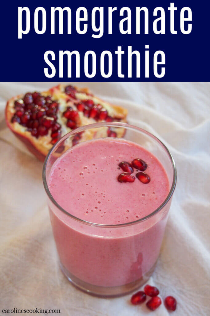 This pomegranate smoothie is super easy to make and has a tasty balance of bright and sweet berries, sweet-tart pomegranate and smooth yogurt. Perfect as a pick me up or easy breakfast. 