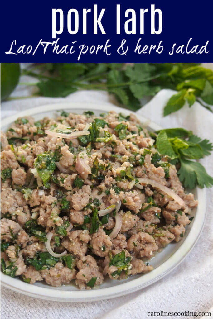 Pork larb (larb moo) is an easy and tasty version of the Thai/Lao salad packed with fresh herbs, lime, lemongrass and other bright flavors. Enjoy as a light lunch or snack in lettuce wraps or add sides to make it the star of a meal.