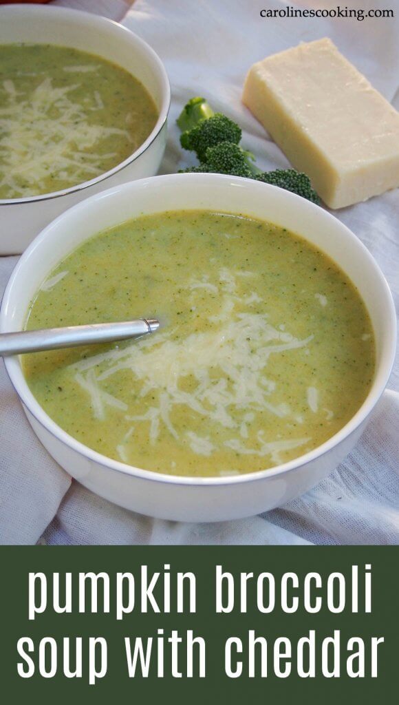 Pumpkin broccoli soup with the addition of a sharp cheddar is a tasty fall combination that is both smooth and fresh, warming but light. It's also a great way to use any pumpkin you scrape from a Jack o lantern! #soup #vegetarian #pumpkin