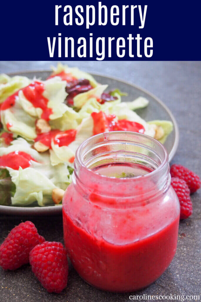 This raspberry vinaigrette is as bright in flavor as its color. It comes together easily and adds a wonderful burst of flavor such as to simple salads for a quick and easy side. Plus this one is on the healthier side, too. #saladdressing #vinaigrette #raspberry