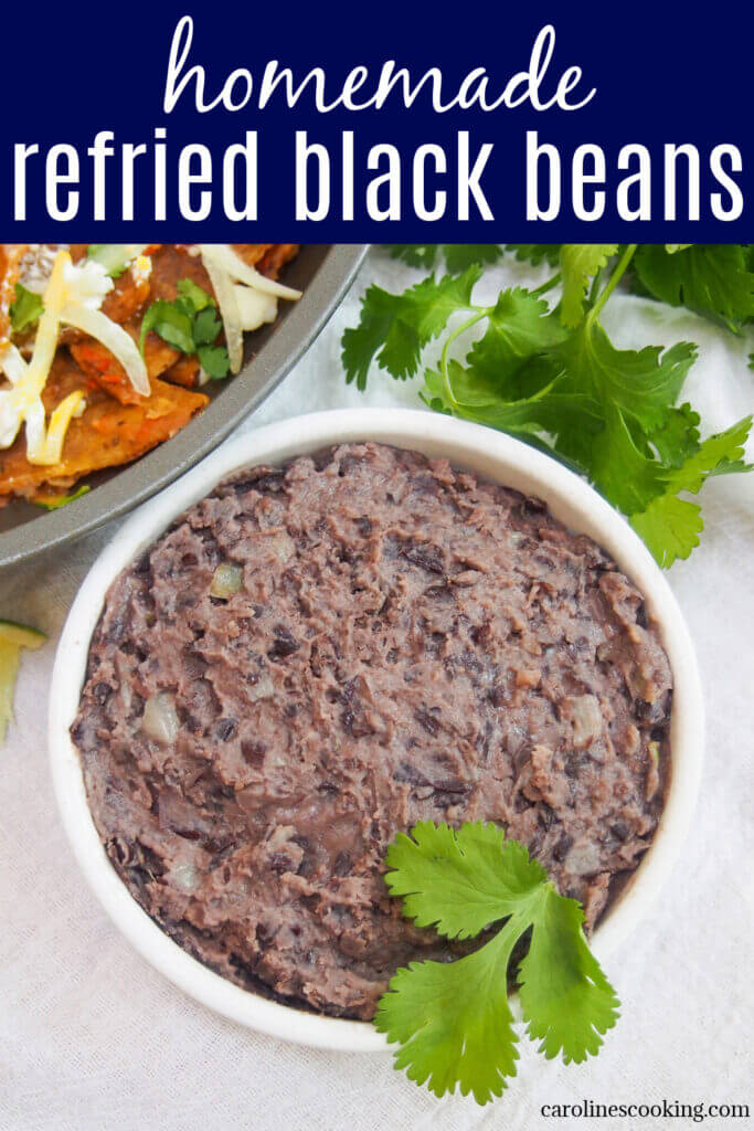 Homemade refried black beans are so much easier to make than you might think. You only need a handful of ingredients and a couple minutes for a tasty, versatile side that's perfect for Mexican sandwiches, breakfasts, tostadas and more. 