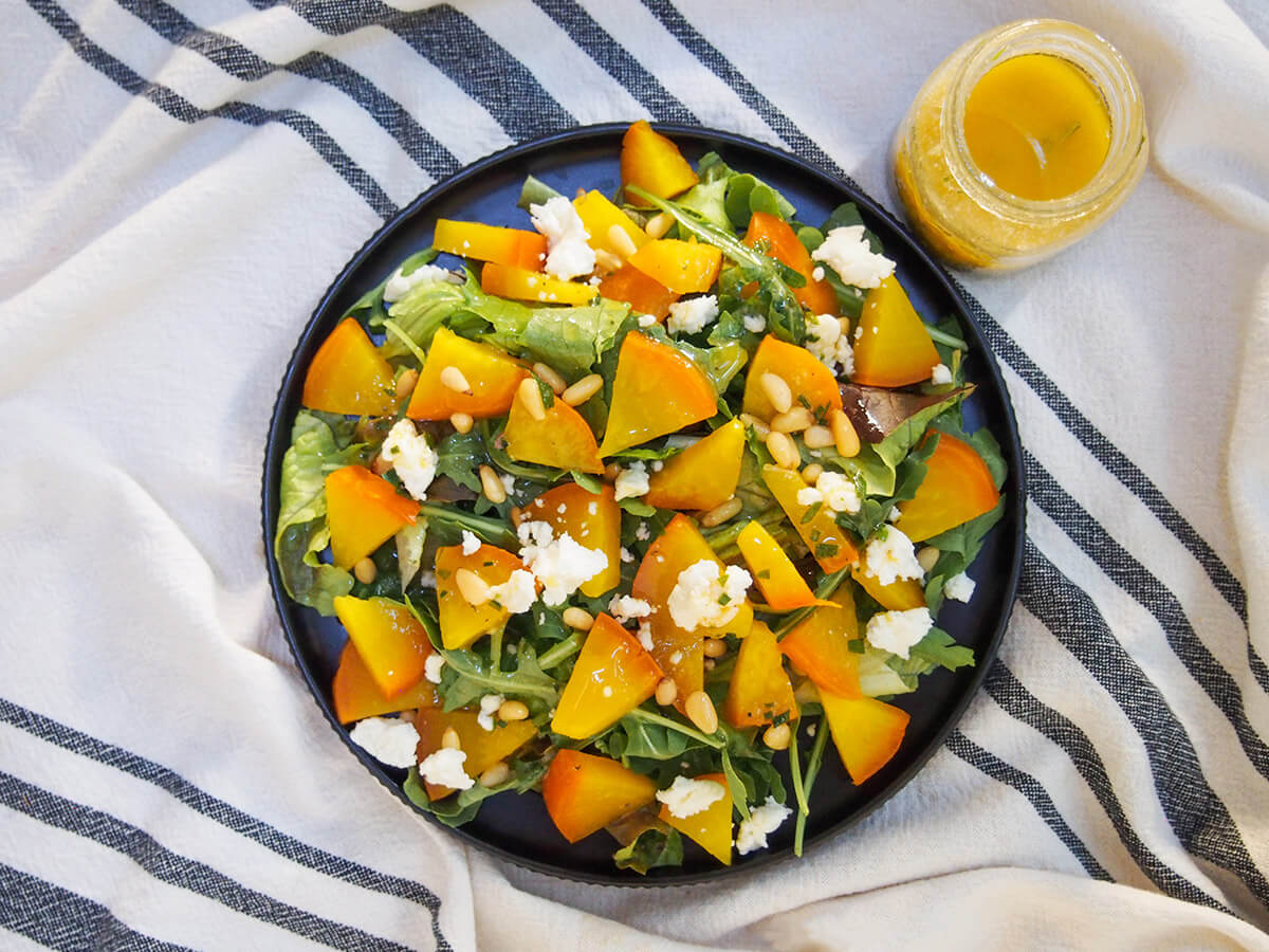 plate of roasted golden beet salad from overhead