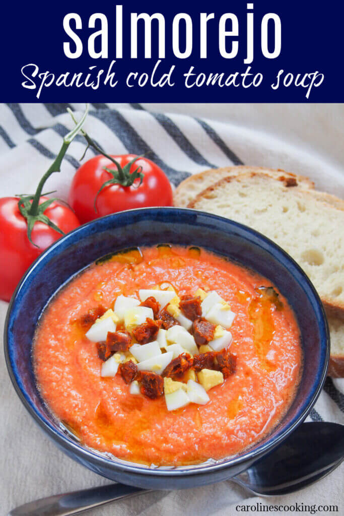 Salmorejo is a Spanish cold soup similar to the better-known gazpacho, but even simpler and creamier (though there's no cream). It's easy to make with common ingredients - just tomato, bread, olive oil, garlic and vinegar! - and perfect to cool down on a hot day.