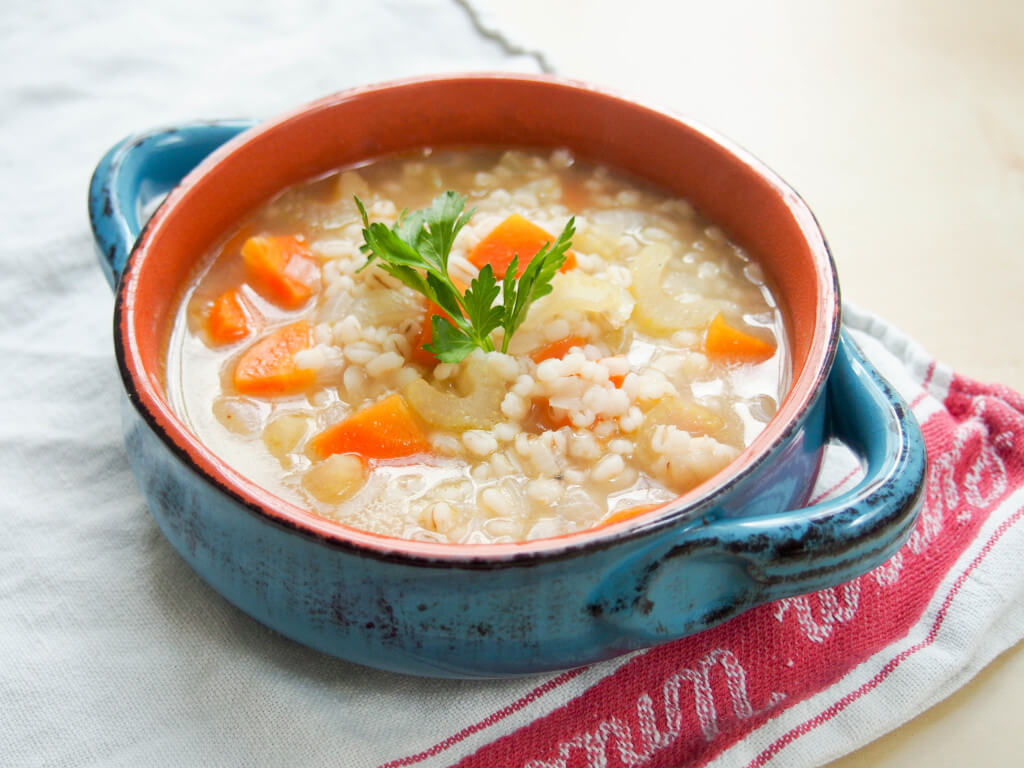 Bowl of Scotch broth on cloth