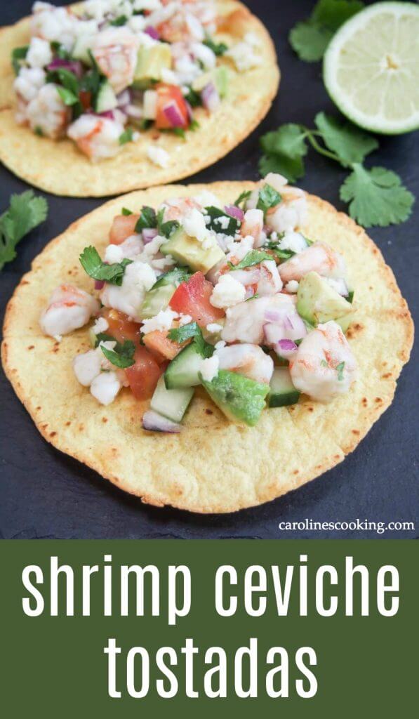 Shrimp ceviche tostadas may be a little messy to eat, but it's definitely worth it. Fresh, citrusy shrimp over crunchy corn tortillas is a delicious, and easy, combination. It makes a great appetizer, snack or have a couple for lunch. #ceviche #shrimp #tostadas #mexicanfood #cincodemayo