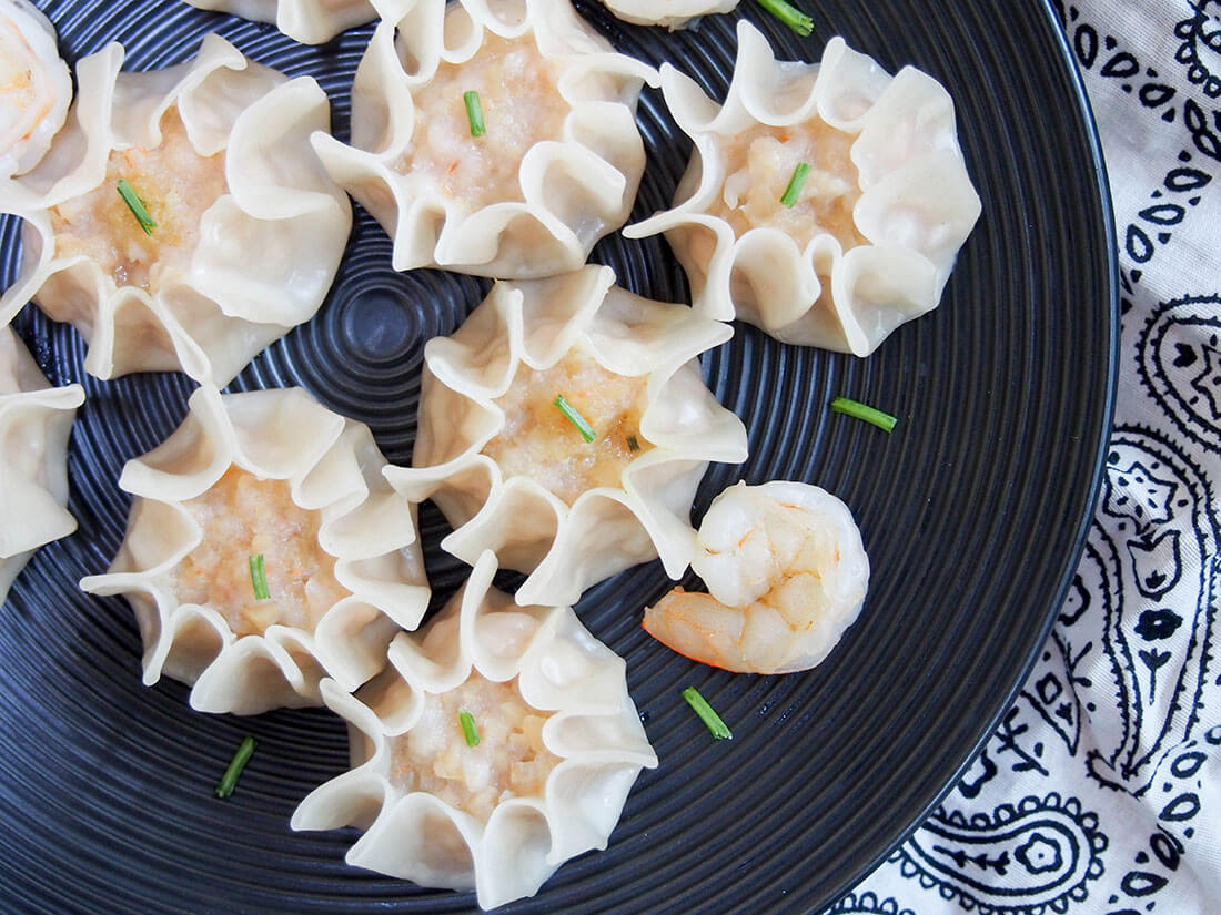 shrimp shumai on plate from overhead