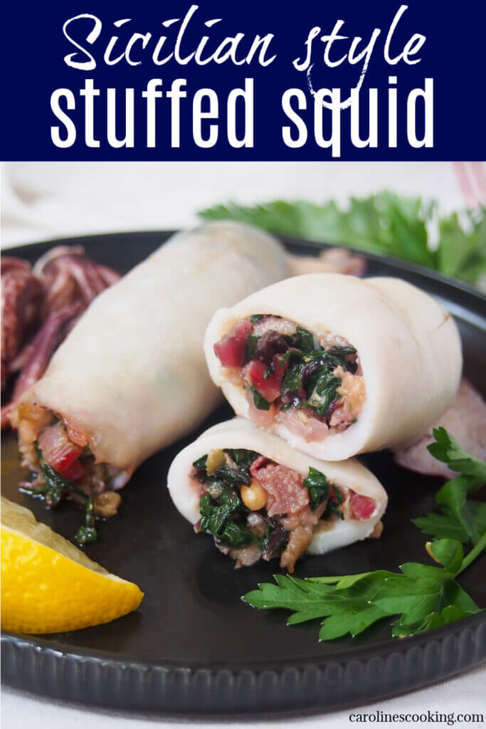 Don't worry about chewy squid, there's none of that here. This Sicilian-style stuffed squid has a delicious chard, pine nut, raisin and cheese stuffing with just enough bite from the anchovy & capers. It's easy to make and completely delicious. #squid #italianfood #stuffedsquid #bakedsquid #seafood #calamari