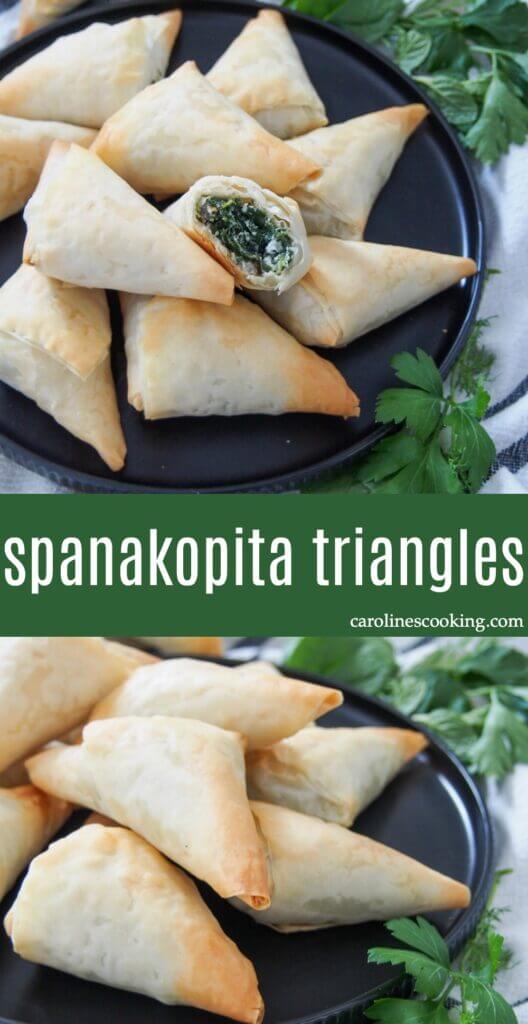 Spanakopita triangles are a great finger-food version of the classic Greek spinach and feta phyllo pie. They're much easier to make than you might think, and perfect to serve on an appetizer plate. The combination of crisp pastry and smooth, tasty filling is so good. #greekfood #appetizer #spinach #vegetarian