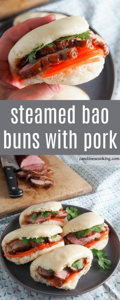 These steamed bao buns with pork are a delicious feast for the senses! With tender pork tenderloin, crunchy veg and a pillowy soft bun, they're a handheld treat perfect as an appetizer or light meal. #bao #pork #chinesepork