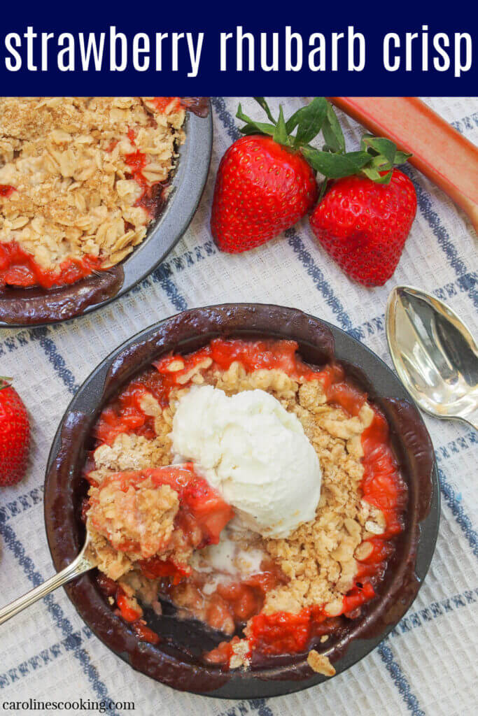 This strawberry rhubarb crisp is a great easy dessert. Deliciously fruity, with bites of tart rhubarb and a sweet, crisp topping. So good! Easily made gluten free, too.