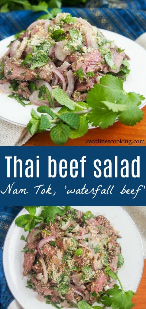 Thai beef salad (Nam Tok, 'waterfall beef') - Nam tok, a traditional Thai beef salad, is primarily meat and herbs rather than 'salad' ingredients, but it's full of delicious fresh flavors you'll love. Easy to make, it's fresh and perfect for lunch or as an appetizer. #Thaifood #Thaibeefsalad #namtok #asianrecipe #glutenfree