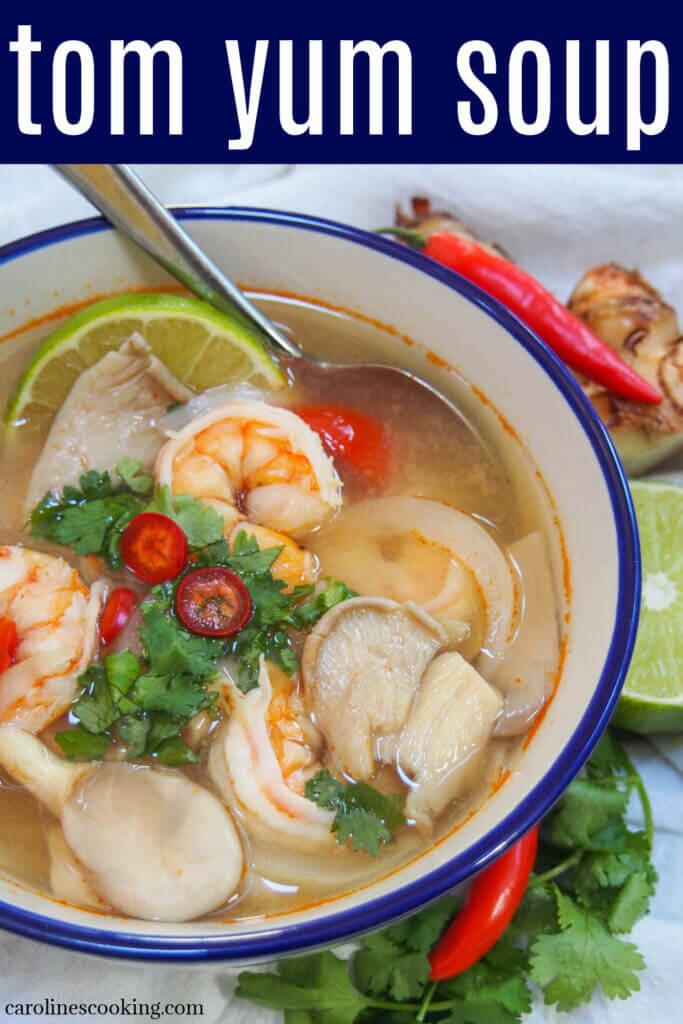 Tom yum soup is a classic Thai soup loaded with wonderful aromatic and spice flavor. It has freshness from lemongrass and lime leaves, and a little chili kick. This favorite shrimp version is easy, comforting and oh so delicious.